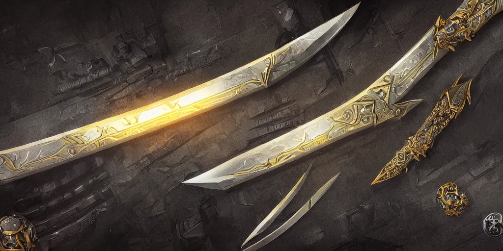 Image similar to legendary cybernetic full long sharp sword lying flat on a glowing table with a black and iridescent sword blade, digital award winning hd matte painting, intimate dark moody, intricate, ornate spikes, colorful gems on hilt, detailed realistic raytraced blade, future golden technological pommel, in the style of greg rutkowski and krenz cushart, deviantart