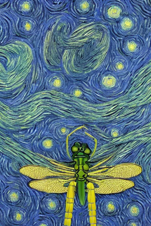 Image similar to symmetrical!!! looking at the camera!! dragonfly!! by vincent van gogh, starry night, big eyes, delicate wings