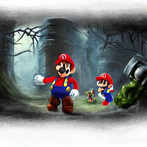 Image similar to concept art of mario from super mario bros in a ruined kingdom, resident evil, horror, occult, terror, mist, volumetric render, zoomed out wide angle digital painting, detailed painting