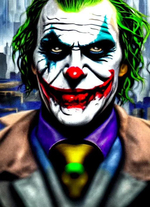 Prompt: abstract portrait of the joker in gears of war, city in the background, the joker 2 0 1 9, studio lightning, beautiful face and eyes, rule of thirds, face symmetry, colourful spray paint splatters, expressive, fine art, by pablo ruiz picasso, 4 k, 8 k, correct body proportion, pablo ruiz picasso style