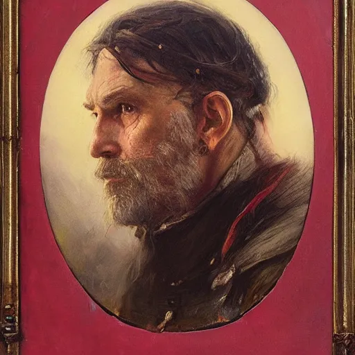 Image similar to Solomon Joseph Solomon and Richard Schmid and Jeremy Lipking victorian genre painting portrait painting of a old rugged movie actor medieval french english german knight character in fantasy costume, red background