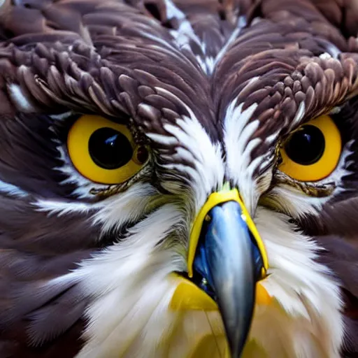 Image similar to extremely detailed cartoon osprey looking directly into camera psychedelic