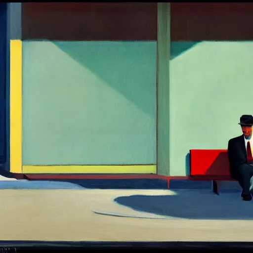 Prompt: painting of a businessman sitting in the street like a homeless person. by edward hopper and james gilleard