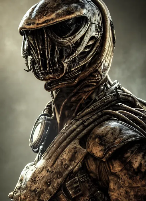 Image similar to a photorealistic dramatic hyperrealistic render of predator the alien hunter, ultra realistic details, well worn, rust, oil stains designed by vitaly bulgarov and mike nash, beautiful dramatic dark moody tones and lighting, cinematic atmosphere, studio lighting, global illumination, shadows, dark background, octane render, 8 k