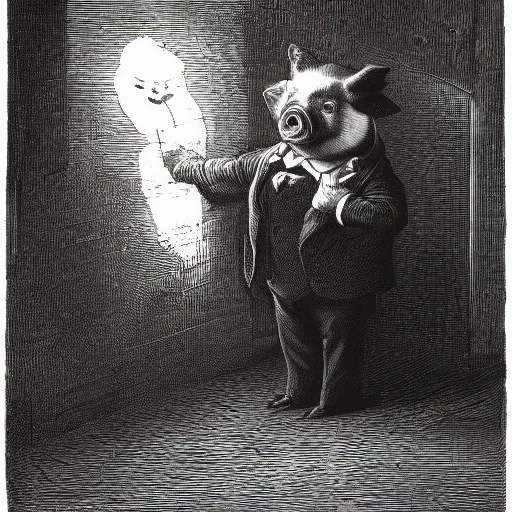 Image similar to a pig in a tuxedo, creepy atmosphere, outside, clouds, dark, portrait, realistic, very realistic, illustration by Gustave Doré