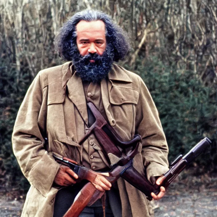 Prompt: very detailed 70s movie still of one Karl Marx with a kalachnikov, cinestill 800t 10mm 4k, grainy picture