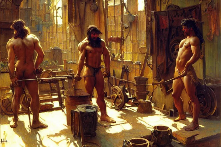 Prompt: muscular attractive blacksmiths in workshop, painting by gaston bussiere, craig mullins, greg rutkowski, alphonse mucha