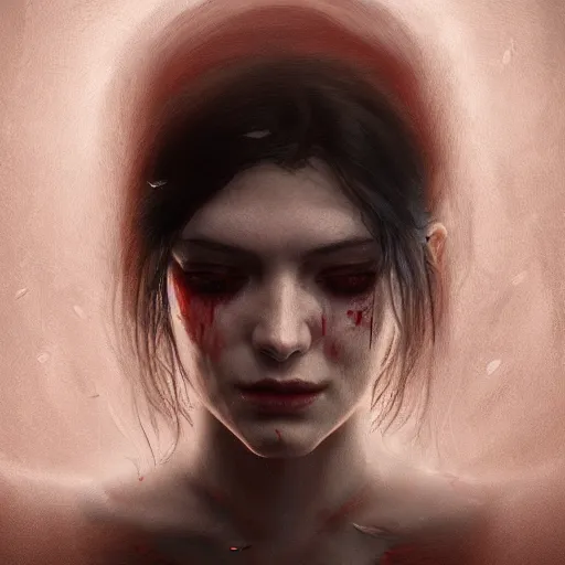 Prompt: portrait of a woman, sad, cry, gloomy, blood, fire, intricate, elegant, highly detailed, digital painting, artstation, concept art, matte, sharp focus, illustration, octane render, unreal engine, art by aenaluck and roberto ferri and greg rutkowski, epic fantasy, digital painting