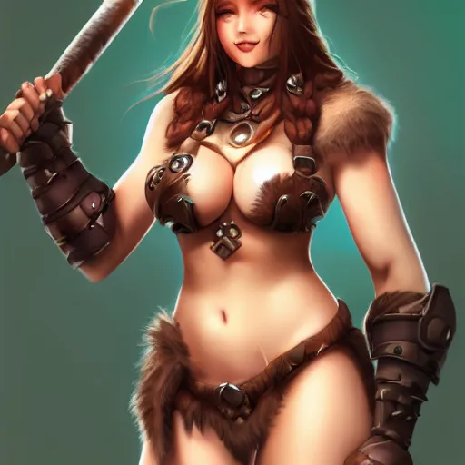 Image similar to very beautiful female barbarian, smiling, flirty, eye contact, perfect face, perfect body, drawn by artgerm