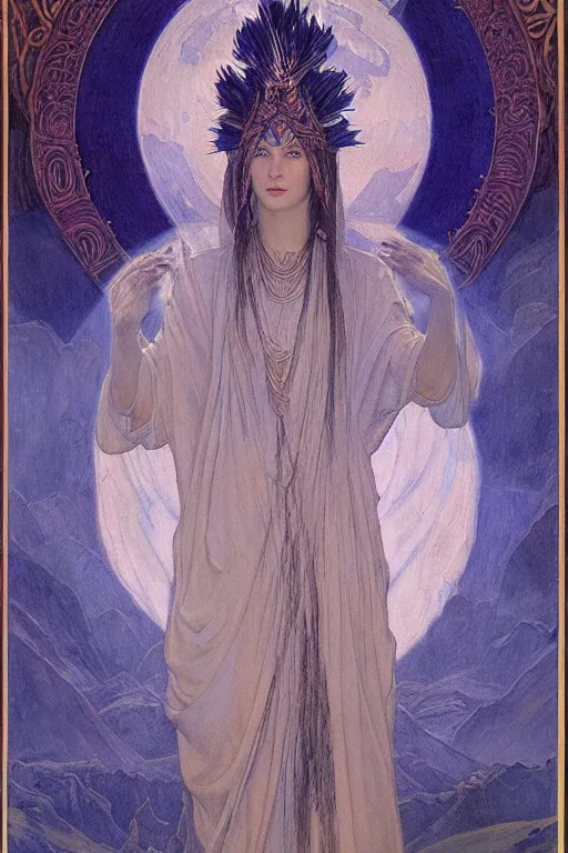 Prompt: goddess of the moonlit mountains with her regalia, by Annie Swynnerton and Nicholas Roerich and jean delville, dramatic cinematic lighting , ornate headdress , flowing robes, lost civilizations, extremely detailed