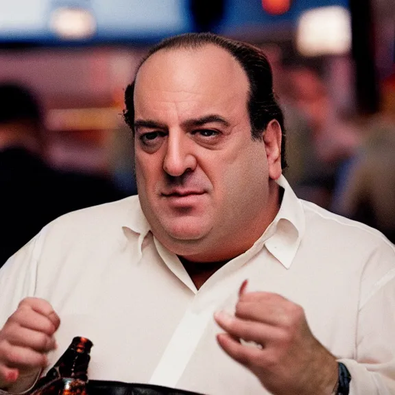 Image similar to Tony Soprano enthusiastically talking about Bitcoin at the Bada Bing