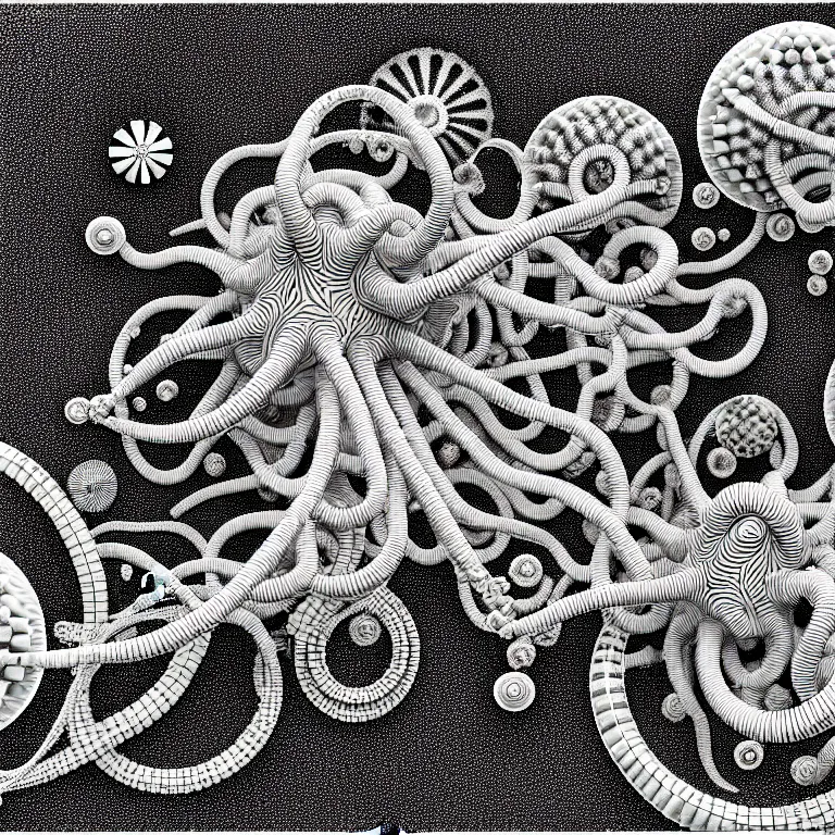 Prompt: a black and white drawing of a variety of sea life and filled with gundam mech equipment space station, a microscopic photo by ernst haeckel, zbrush central, kinetic pointillism, intricate patterns, photoillustration