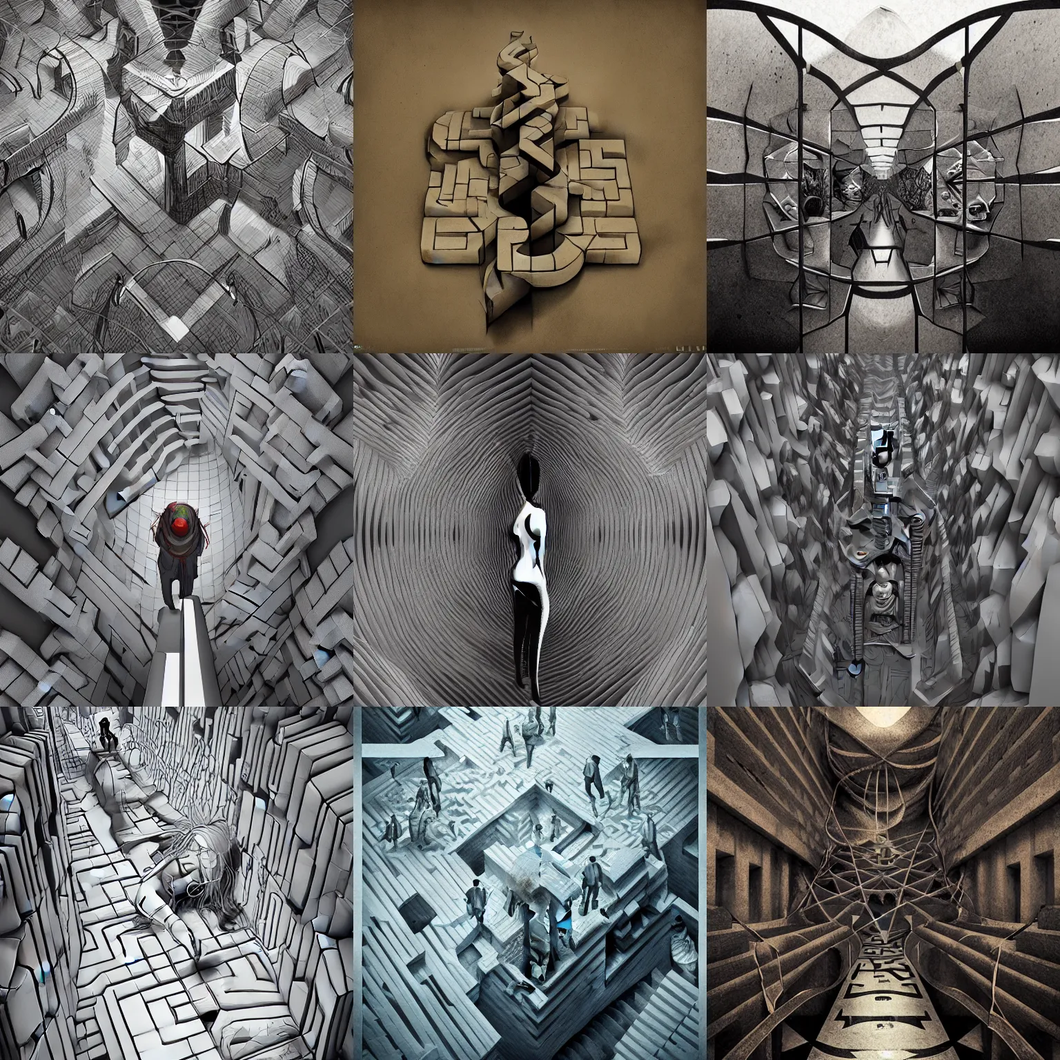 Prompt: tortured soul lost in a Escher maze, trending on artstation, cgsociety