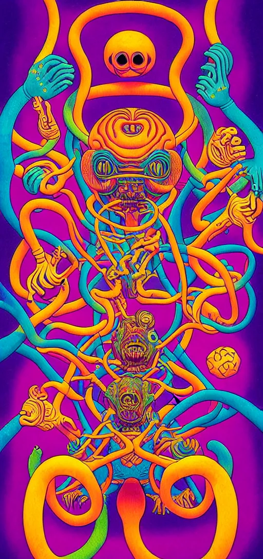 Prompt: dmt creature portraits in the style of kaws, victo ngai, lisa frank, francis goya, basil wolverton, roy litchenstein, mc escher style