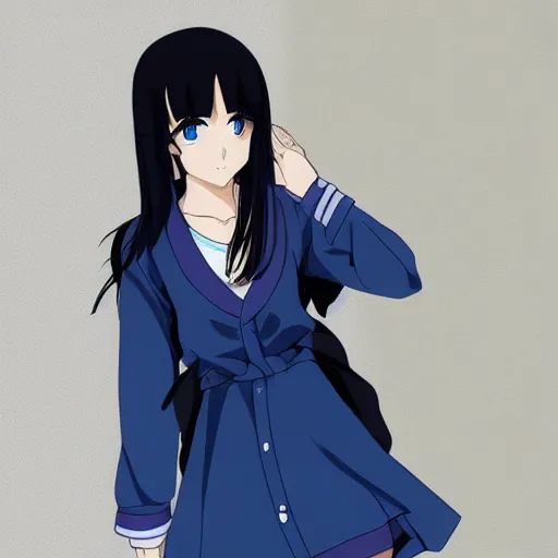 Image similar to Ami is a 14 year old anime girl who has short, very dark blue hair that reaches her neck, and dark blue eyes. She stands at about 157 cm or 5 feet 2 inches. She is shy and wears trendy clothes