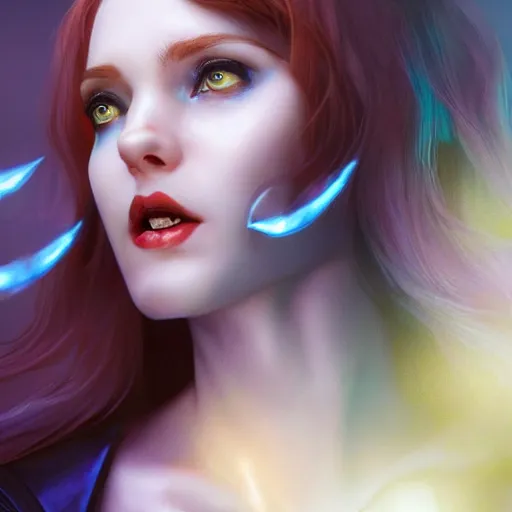 Image similar to redhead vampire sorceress, perfect face viewed in profile, bright glowing blue and silver eyes, gold shirt, cinematic, floating ash, stunning, highly detailed, artstation, smooth, hard focus, concept art, art by artgerm and greg rutkowski and alphonse mucha, volumetric lighting, octane render, 4 k resolution, trending on artstation, masterpiece