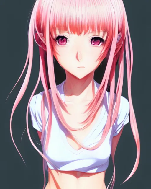 Image similar to portrait of a very very beautiful anime girl with chin length pink hair wearing a white tshirt, ( artstation ), digital drawing, art by ( range murata ) and shirow masamune, highly detailed, sharp focus, soft shadows, watercolor