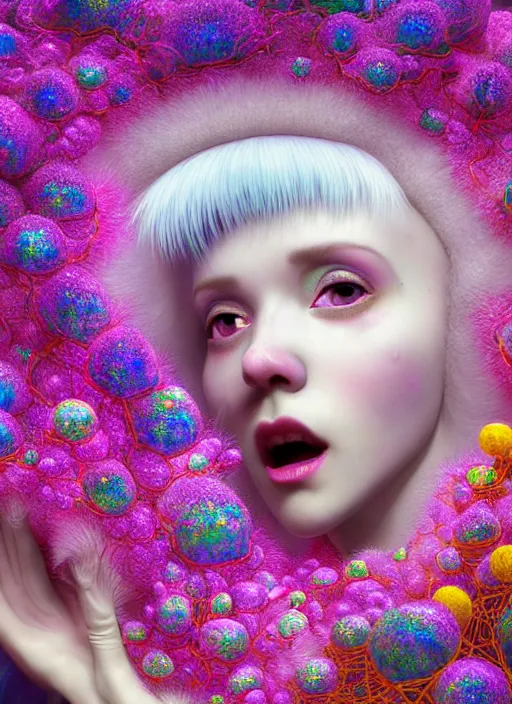 Image similar to hyper detailed 3d render like a Oil painting - kawaii portrait Aurora (white haired Singer Ferret) seen Eating of the Strangling network of yellowcake aerochrome and milky Fruit and Her delicate Hands hold of gossamer polyp blossoms bring iridescent fungal flowers whose spores black the foolish stars by Jacek Yerka, Mariusz Lewandowski, Houdini algorithmic generative render, Abstract brush strokes, Masterpiece, Edward Hopper and James Gilleard, Zdzislaw Beksinski, Mark Ryden, Wolfgang Lettl, hints of Yayoi Kasuma, octane render, 8k