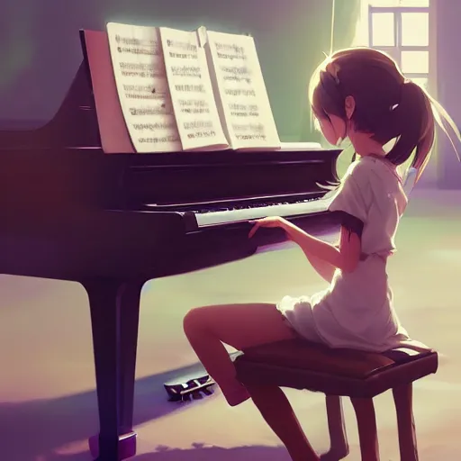 Image similar to anime girl Playing the Piano instrument , digital Art, Greg rutkowski, Trending cinematographic artstation