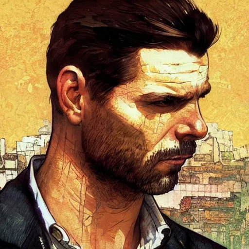 Prompt: close up max payne in brazil, sun shining, photo realistic illustration by greg rutkowski, thomas kindkade, alphonse mucha, loish, norman rockwell, in frame, symmetrical balance