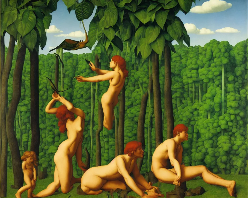 Prompt: an achingly beautiful print blind justice in the jungle by Raphael, Hopper, and Rene Magritte. detailed, romantic, enchanting, trending on artstation.