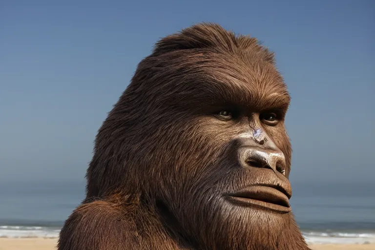 Image similar to cinematography portrait of Bigfoot on the beach in Santa Monica by Emmanuel Lubezki