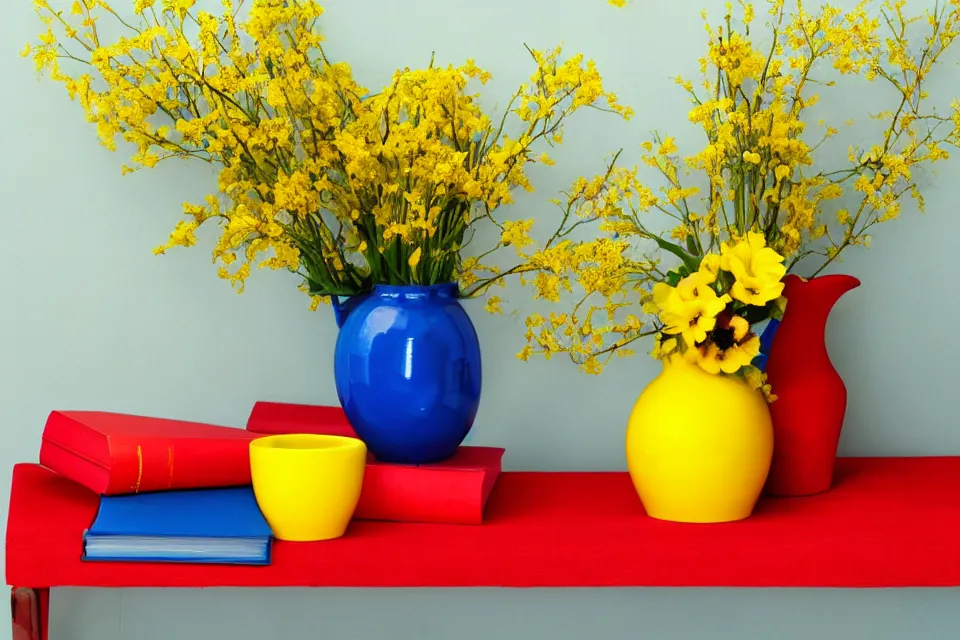 Prompt: red book and yellow vase with blue flowers, photo