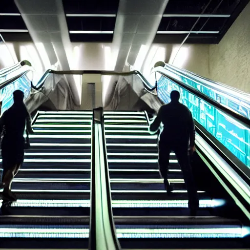 Prompt: bioluminescent hulk hogan in the darkness on an escalator