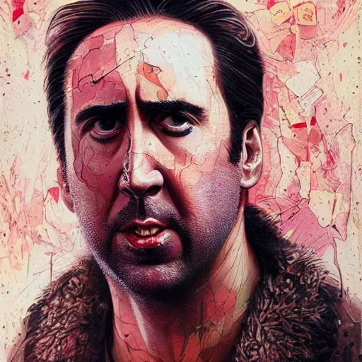 Image similar to beautiful portrait of Nic Cage by Tristan Eaton and Stanley Artgerm and Tom Bagshaw, Greg Rutkowski Carne_Griffiths