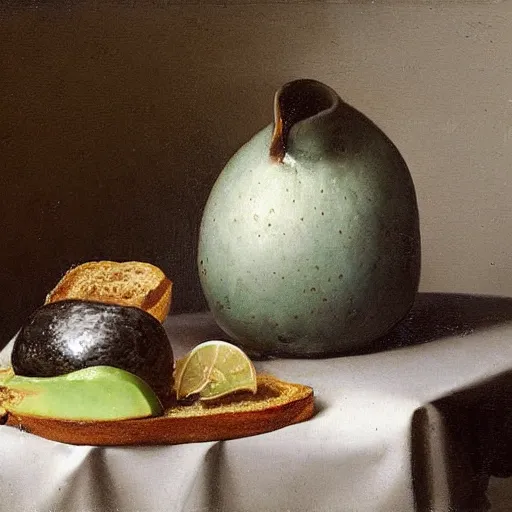 Image similar to still life by willem claesz heda, avocado toast, money