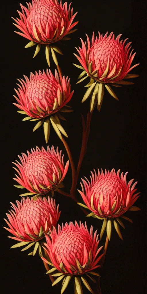 Prompt: detailed king proteas and pincushions against a black backdrop by martin johnson heade, artstation