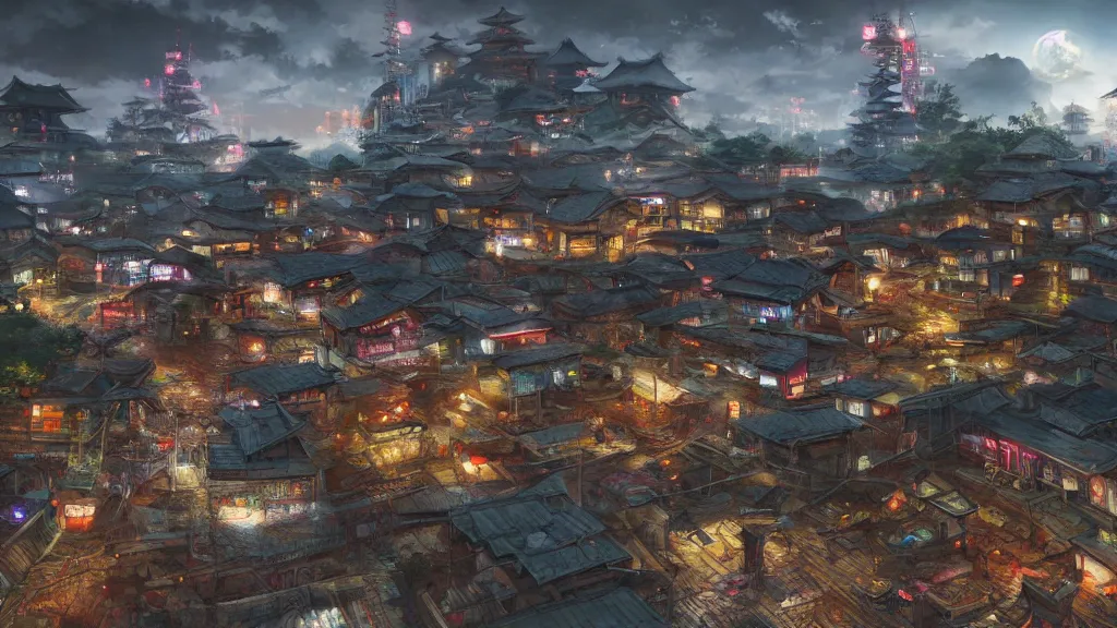 Image similar to small, oriental, japanese village with cyberpunk, techno - futuristic elements, concept art, fantasy, landscape, hyperrealistic, highly detailed, 4 k hd