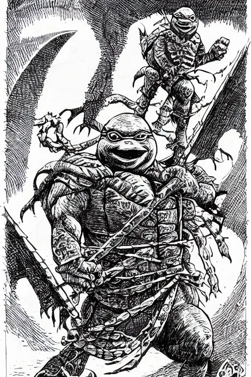 Prompt: leonardo the ninja turtle as a d & d monster, pen - and - ink illustration, etching, by russ nicholson, david a trampier, larry elmore, 1 9 8 1, hq scan, intricate details, high contrast