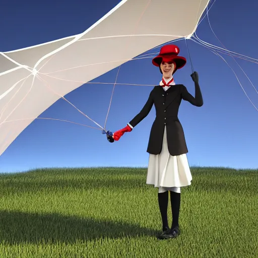 Image similar to mary poppins holding a two - line mattress kite being blown to the sky by the strong wind. 3 d octane render