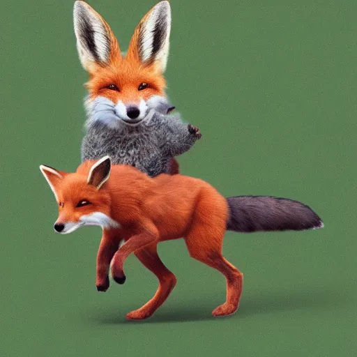 Image similar to A photorealistic fox robbing a bunny and running away with the loot