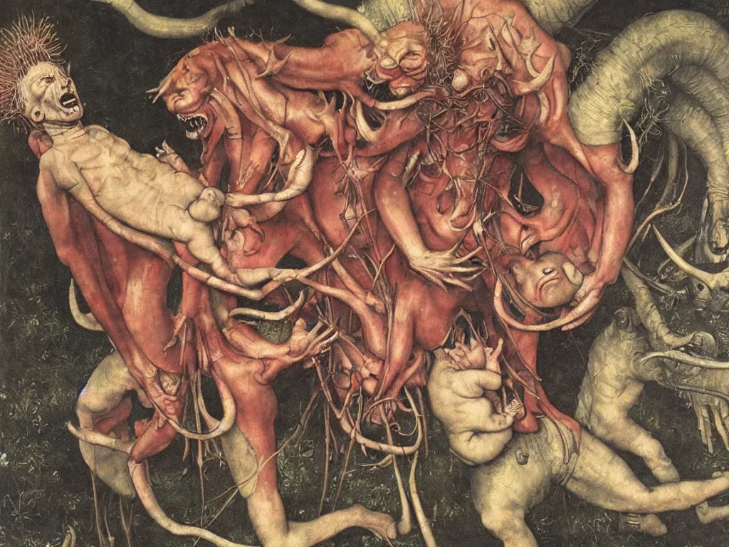 Prompt: Devil with giant horns takes the little baby soul out of the cavity of the chest. Painting by Lucas Cranach, Wayne Barlowe