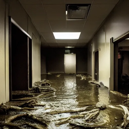 Prompt: backrooms office space, ominous lighting, moldy walls, demogorgon wading in shallow water