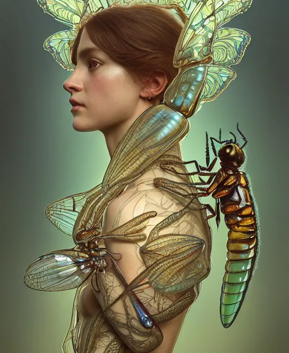 Image similar to intricate ornate opulent transparent clear see - through portrait of a terrifying beautiful alien insect, mottled coloring, adorable, childlike, pastoral environment, ultra realistic, concept art, art nouveau, photorealistic, octane render, 8 k, unreal engine. art by christopher marley and artgerm and greg rutkowski and alphonse mucha