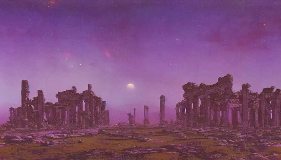 Prompt: ruins of an empire on a purple alien landscape, night sky, by Bruce Pennington