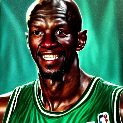 Image similar to portrait of mark wahlberg portraying boston celtics kevin garnett, oil on canvas by william sidney mont, trending on art station