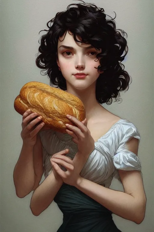 Image similar to beautiful cottagecore of a girl with short black curly hair, round face, cute face, holding a loaf of bread. intricate, elegant. highly detailed, digital painting, artstation, concept art, smooth, sharp, focus, illustration. . art by artgerm and greg rutkowski and alphonse mucha