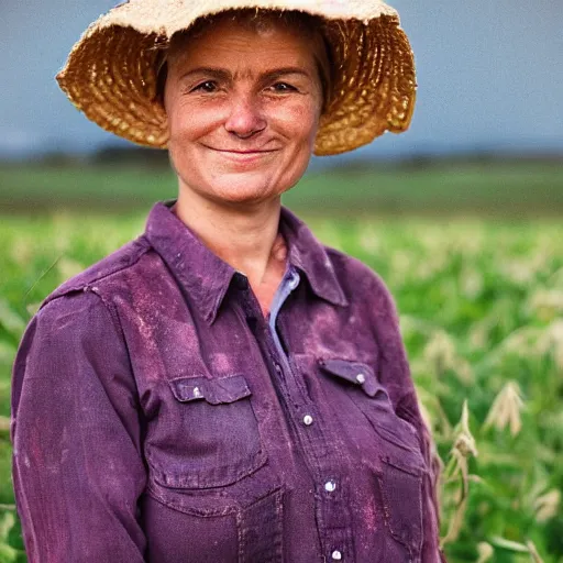 Image similar to portrait, a hardworking female farmer, ragged clothes, standing in a field