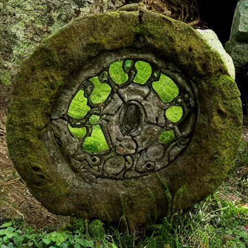 Image similar to stone stargate, mossy, portal to another world