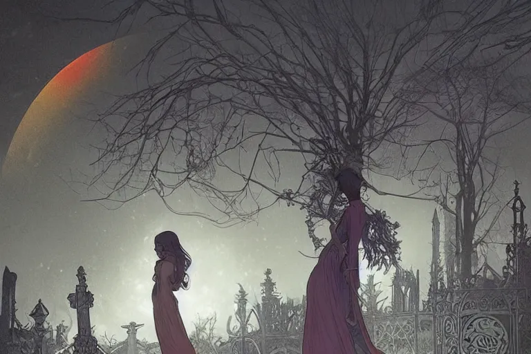Prompt: an ultra detailed animation of a ghost in a graveyard at midnight on halloween, digital art, dark fantasy, concept art, soulslike, by alphonse mucha, blood moon eclipse, ruined building in the background, artstation, 8 k, unreal engine render