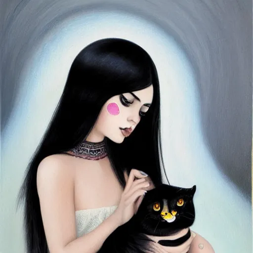 Image similar to a painting of an emo goth mexican woman with long dark hair thick eyebrows dark eyes and dark circles wide nose big eyes oval face shape big cheeks, holding her tabby cat, a photorealistic painting by tran nguyen and ilya kuvshinov, featured on deviantart, gothic art, goth, gothic, detailed painting