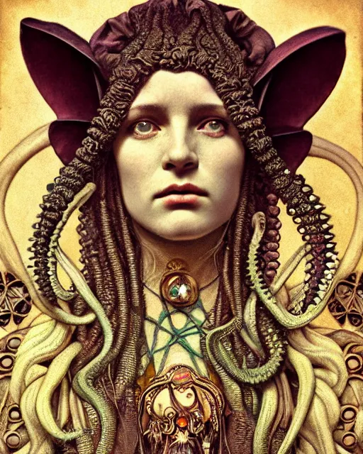 Image similar to daguerreotype hyperrealistic detailed face side portrait of the beautiful cthulhu priestess adorned with curse jewels and ceremonial robes, tintype art by ernst haeckel, john william godward, android jones, alphonso mucha, h. r. giger, gothic - cyberpunk, ornamental, beautiful deep colours, ambrotype