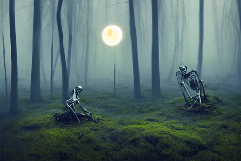 Image similar to a burning with fire human skeleton sitting behind computer, overgrown with moss, in foggy forest, at night with moon light, dark atmosphere, by beksinski zdzislaw