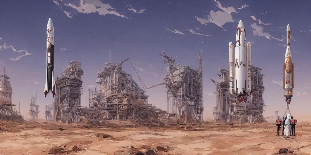 Image similar to anime spaceport rocket launch site in desert steampunk key by greg rutkowski ultrahd fantastic details