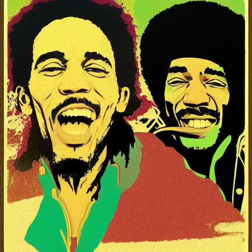 Prompt: Bob Marley and Jimi Hendrix smoking portrait, very detailed, Green Smoke, large white border, hd, high resolution print :1 Red, Gold and Green by Sachin Teng, trending on deviant art :1