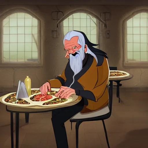 Prompt: a grumpy old danish man with long black hair eating pizza while DMing an AD&D game, D&D, rogue, dark hair, skinny, middle aged, D&D dice on table, papers on table, character sheets on table, natural lighting, black hair, style of don bluth